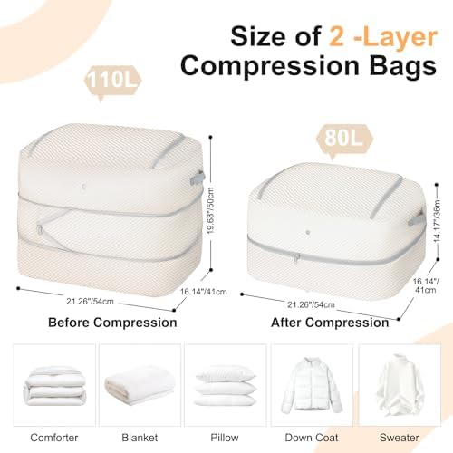 Comforter Storage Bag - 110L Large Capacity Blanket Storage Bags 2-Layer Ultra Space Saving Self Compression Organizer, Washable Compression Bags for Storage Comforter Blanket, 1-Pack, Beige - Image 2