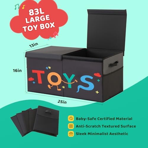 Large Toy Box with Lid,Collapsible Toy Storage with Dividers,Black - Image 2