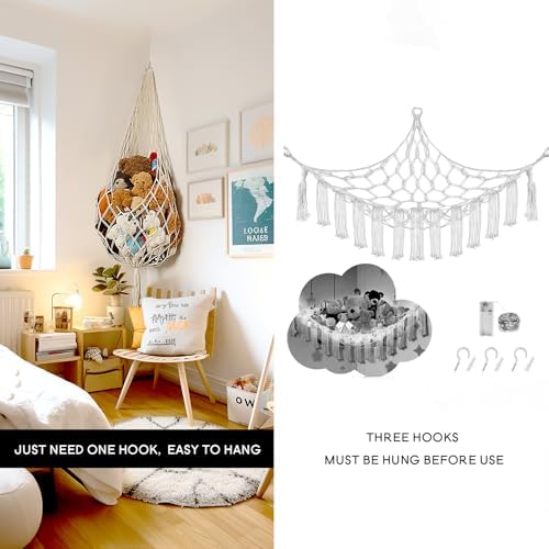 Amdermi Stuffed Animal Hammock Corner, Boho Macrame Plush Toy Storage Net for Wall, Hanging Stuffed Animal Holder for Nursery, Playroom, Kids Room, Cream (Pack of 2) - Image 4
