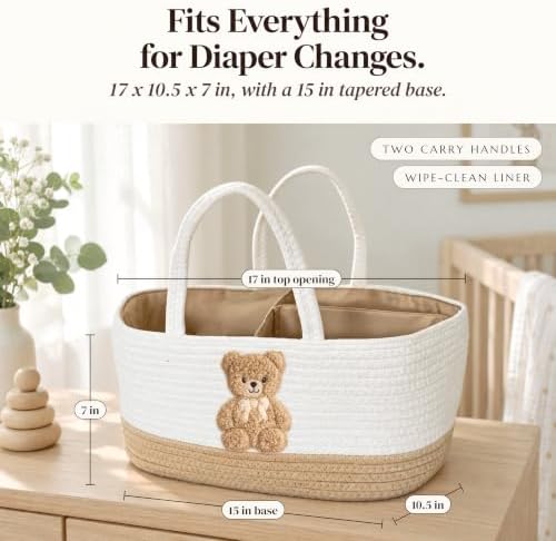 Baby Diaper Caddy Organizer, Teddy Bear Cotton Rope Nursery Basket - Image 2
