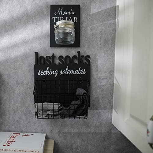 Lost Socks Rustic Wooden Laundry Sign Wall Decor With Attached Basket And Mom Tip Jar - Housewarming Gift Decor - Black - Image 3