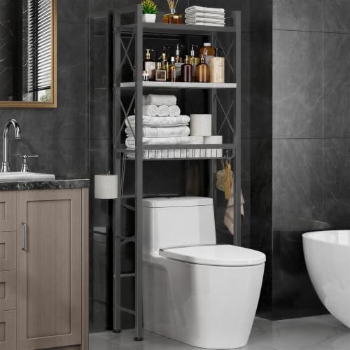 Kalrin Over The Toilet Storage with X Shape Side Guardrail, 3-Tier Over Toilet Storage Rack with Drain Basket, Freestanding Bathroom Organizer for Balcony Laundry, Grey-White by Kalrin