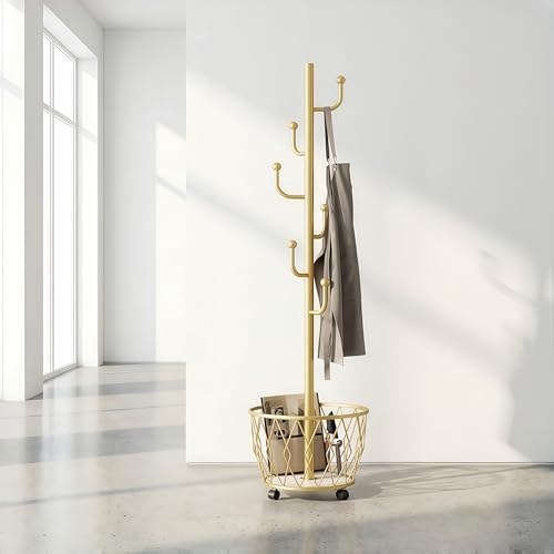 Gold Moveable Cactus Metal Coat Rack with Basket Freestanding 65inch - Image 3