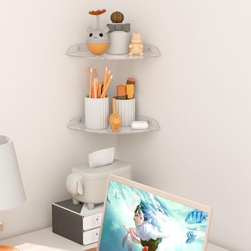 Sezanrpt 9.5x9.5 Inch Acrylic Corner Floating Shelf Set of 2, Clear Corner Wall Shelf for Home Décor, Speakers, Security Cameras, Toileries, Plants, Figures, Cosmetics, Books (Pack of 2) - Image 2