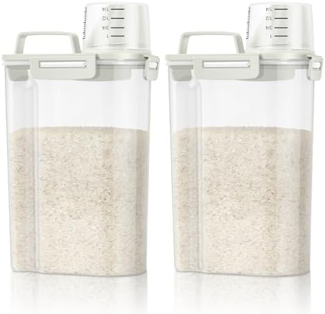 TBMax Rice Container Cereal Storage Container 2 Pack 5 Lbs, Kitchen Pantry Dry Food Storage Holder with Easy-Pouring Spout & Handy Cup, Small Pet Dog Cat Food Dispenser for Daily Feeding -Beige by TBMax
