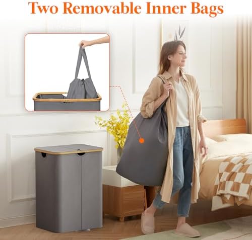 Lifewit 150L Double Laundry Hamper with Lid and Removable Bag, Gray - Image 3