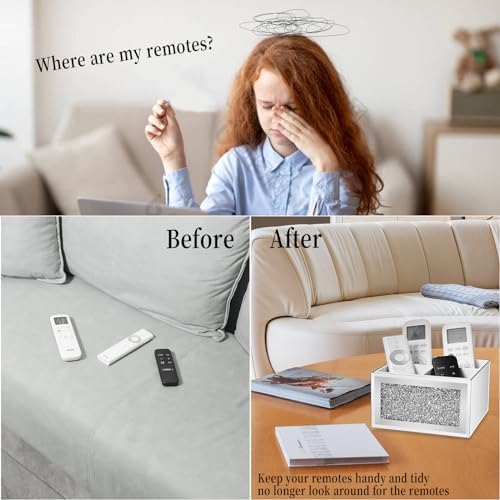 360 Rotating TV Remote Control Holder Caddy Storage for Table, Silver Bling Crushed Diamond Organizer for Pens and Pencils, Make Up Brushes - Image 5