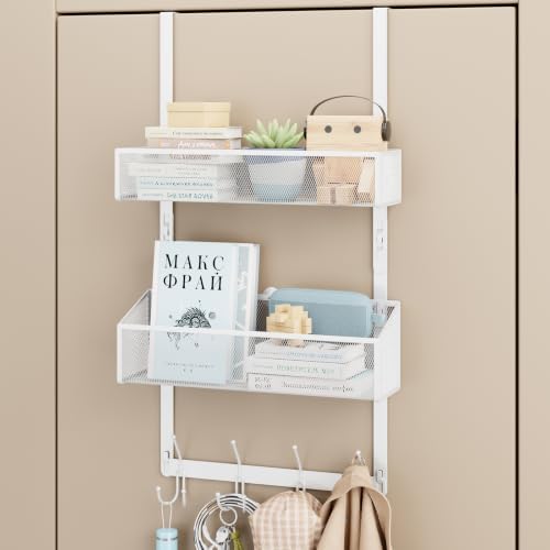 BAKON Over-the-Door Storage Organizer, Heavy-Duty Behind Door Rack with 2 Mesh Baskets & 4 Hooks for Towels Coats Keys, Space Saving for Bathroom Bedroom Kitchen Office, White by BAKON