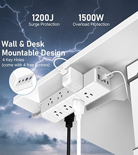 30W Under Desk Power Strip with Switch 12 Outlet 4 USB 1200J 6FT White - Image 6