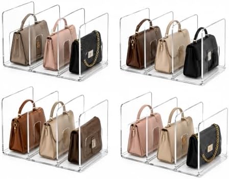 Glxgow 4 Pack Acrylic Purse Organizer for Closet, 12-Slot Clear Handbag Storage Compartments, No Assembly Shelf Divider for Wallets and Clutches by Glxgow