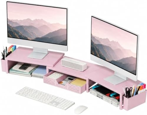 OPNICE Desk Organizers and Accessories, Dual Monitor Stand Riser with Drawer and 2 Pen Holders, Desk Shelf Computer Racks & Printer Stand for Office Workspace Organizers, Desktop Organization (Pink) by OPNICE