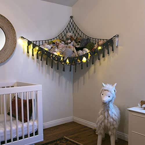 Abby Baby Extra Large Stuffed Animal Storage Hammock Corner with LED Lights – 25LB Capacity Hanging Toy Net for Small or Large Plushies, Boho Macrame Squishmallow, Plush Net, Gray - Image 2