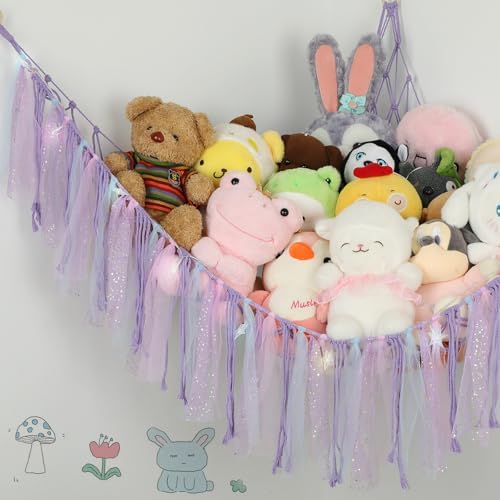 Stuffed Animal Hammock with LED Lights - 59 Inch Large Toy Storage Net for Kids Bedroom, Wall-Mounted Plush Organizer with Wooden Rings, Nursery Decor (Handwoven, Purple) - Image 3