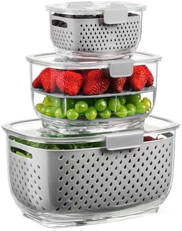 LUXEAR Fresh Produce Vegetable Fruit Storage Containers 3Piece Set, BPA-free Fridge Storage Container, Partitioned Salad Container, Fridge Organizers, Used in Storing Fruits Vegetables, Gray by Luxear
