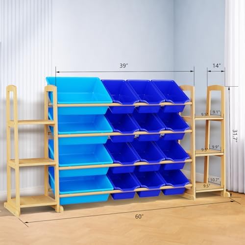 Kids Toy Storage Organizer with Bookshelf – Wooden Shelf with 16 Bins & 6 Shelves, Quick Assembly Storage Rack for Playroom, Bedroom, Nursery - Blue - Image 2
