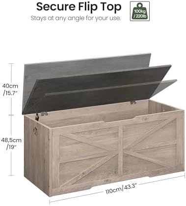 CHOEZON Storage Chest, 43.3" Wooden Storage Trunk, Retro Storage Bench with Safety Hinge, Toy Box, Farmhouse Style, for Bedroom, Living Room, Charcoal Gray and Greige MCW11HC - Image 3