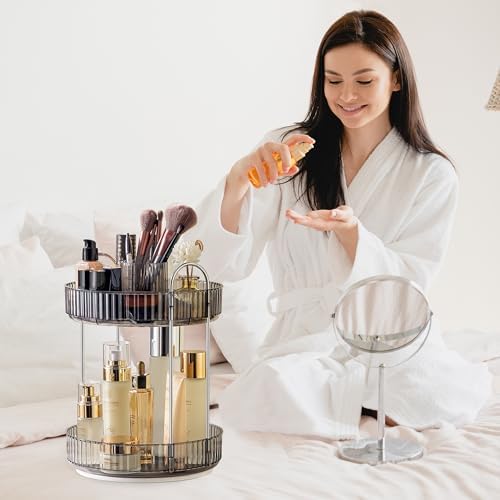 Aveniee 360° Rotating Makeup Organizer for Vanity, Upagraded Perfume Skincare Bathroom Counter Organizers with Brush Divider, Two Tier Spinning Lipstick Cosmetic Lotion Storage,Grey - Image 6