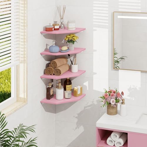 Homode Corner Shelf Wall Mount, Set of 4 Corner Floating Shelves, Wood Hanging Storage Shelving with Cord Hole, Wall Shelf Organizer for Bathroom Bedroom Living Room Office, Pink - Image 2
