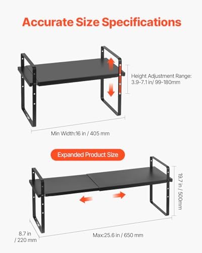 VEVOR Adjustable Kitchen Cabinet Shelf Organizer, Expandable 2 Tier Cabinet Shelf, Stackable Countertop Organizers and Storage Risers, Pantry for Kitchen Bathroom Office, Black - Image 2