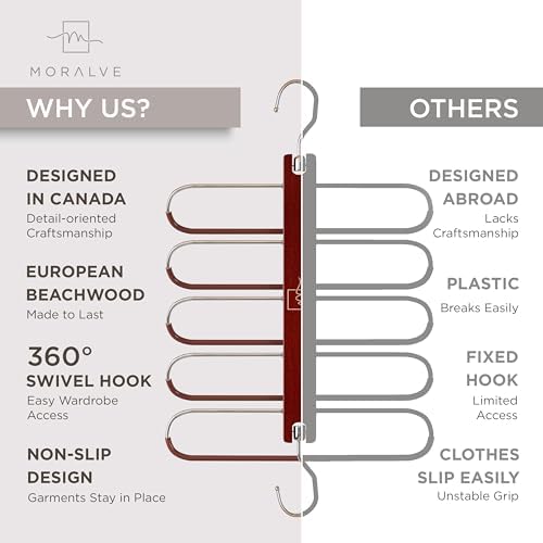 MORALVE Pants Hangers Space Saving - European Beechwood Scarf and Jean Hangers - Closet Organizer and Space Saver Pant Rack, Leggings Hanger, and Scarf Holder with 360° Swivel Hook (1 Pack) - Image 5