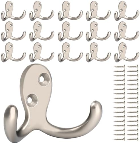 IBosins 16 Pack Silvery Double Prong Coat Hooks Wall Mounted with 32 Screws by IBosins