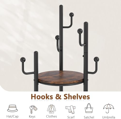 Hoctieon Coat Rack Freestanding, Round Coat Rack with 3 Wooden Shelves and 1 Fabric Basket, Metal Clothes Tree with 5 Hooks, Coat Hanger Stand for Clothes, Hats, Bags, Brown and Black - Image 3