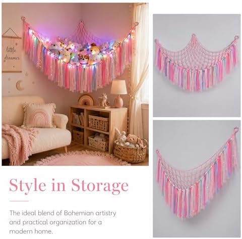 THIDARGO Stuffed Animal Hammock Storage Net with LED Lights, Colorful Tassels, 59in, for Kids Bedroom Nursery Playroom, Includes 3 Hooks (not including battery) (Peach Pink) - Image 5