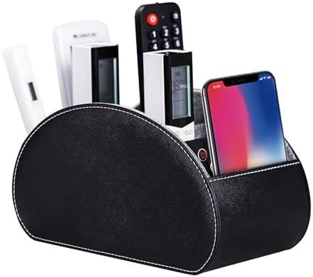 BONNY DODO Remote Control Holders Organizer Box with 5 Compartment PU Leather Multi-functional Office Desk Storage Caddy Store Tv Remote for Media Player,Brush,Pencil,Glassees&Office Supplies (Black) by WelcometoBONNYDODO