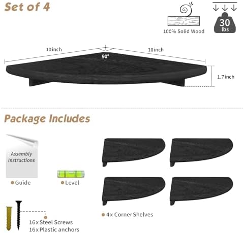 Forbena Black Corner Floating Shelves for Wall Set of 4, Small Rounded Corner Shelves Wall Mount for Bedroom Books, Mini Wood Hanging Corner Shelf for Bathroom Decor, Living Room, Small Spaces - Image 2