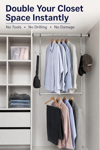 Adjustable Metal Hanging Closet Rod Extender with Hooks, Chrome - Image 2