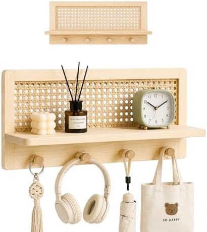 Rattan Wall Shelf with 4 Hooks, Entryway Key Holder & Coat Rack Wall Mount by Unknown