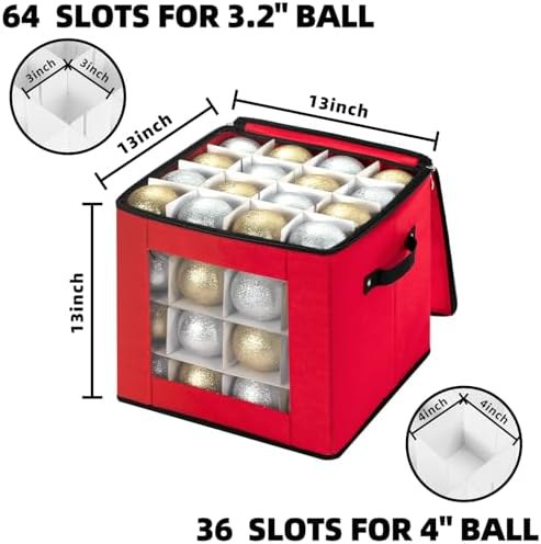 Christmas Visible Ornament Storage Box with Adjustable Dividers,Christmas Ornaments Organizer with Zipper, Storage Container Bin for Decorations(64 Ball, Red, without Tray) - Image 2