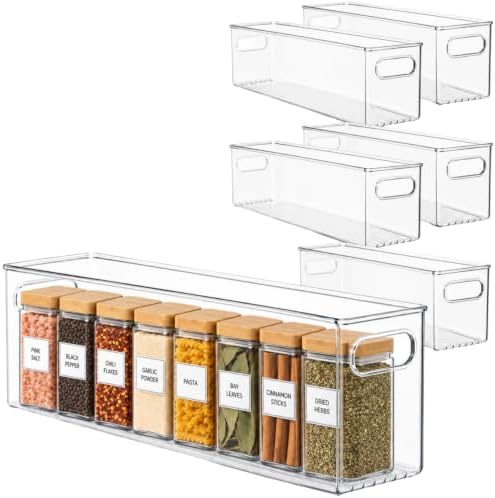 Plastic Food Storage 6 Pack Clear Container Bin with Handles for Organizing Kitchen, Pantry, Refrigerator, Freezer, Pantry, Cabinet, Closet, Bathroom. 12”x4”x5” by primebox