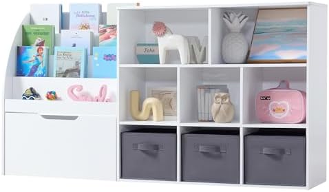 Fatmok Kids Bookshelf and Toy Storage, 2 Pack 58.5’’ Toy Organizer with Movable Chests & 3 Storage Bins, Large Kids Reading Nook with 5 Cubbies for Playroom, Bedroom, Nursery, White - Image 4