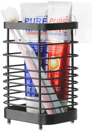Wall Mount Toothbrush Holder for Bathroom, Stainless Steel Rustproof Toothbrush and Toothpaste Holder Organizer, Electric Toothbrush Holder Self Adhesive Wallmount/Countertop Organizer(Black) by LUEXBOX