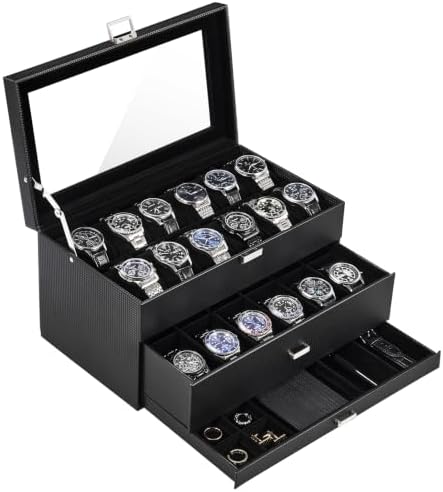 ProCase 3-Layer Watch Box with Glass Lid for Men, 24-Slot, Allblack by ProCase