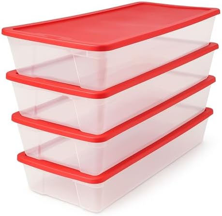 HOMZ Holiday Tote Plastic Storage Bin with Lid, 41 Qt, Clear/Red, 4 Pack by Homz
