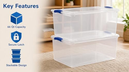 66 Qt Clear Storage Bins 2 Pack with Latch Lid Stackable Heavy Duty - Image 3