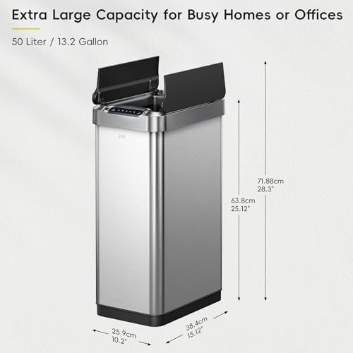 EKO Phantom-T 50 Liter / 13.2 Gallon Vertical Motion Sensor Trash Can or Recycling Bin, Brushed Stainless Steel Finish - Image 2