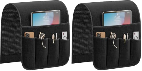 Sofa Armrest Organizer Non-Slip Remote Control Holders for Recliner Couch Chair Armchair Caddy with 5 Pockets for Table,Cell Phone,Ipad,Magazines,Books (Black, 13 x 35 Inch) (Pack of 2) by Sixyotie