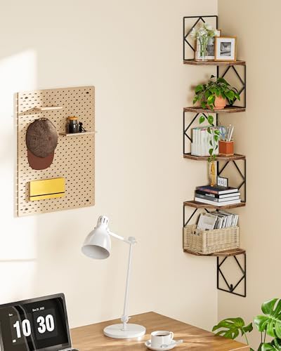 CHOEZON 5-Tier Corner Shelf, Floating Shelf, Wall-Mounted Storage Shelf, Wall Decor, Narrow Corner Bookshelf, for Living Room, Bedroom, Home Office, and Bathroom, Rustic Brown and Black TCJ35BF - Image 2