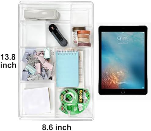 ZEXALOR 8-Section Clear Drawer Organizer, Large Acrylic Drawer Divider Tray for Desk,Bathroom,Office Makeup,Junk, Plastic Drawers Organizer 13.7" x 8.7" x 2" (8-Section) - Image 2