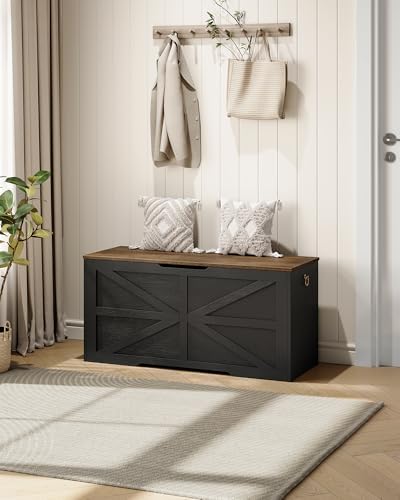 CHOEZON Storage Chest, 39.4" Wooden Storage Trunk, Modern Storage Bench with Safety Hinge, Toy Box, Farmhouse Style, for Bedroom, Living Room, Walnut and Black MCW10BL - Image 4
