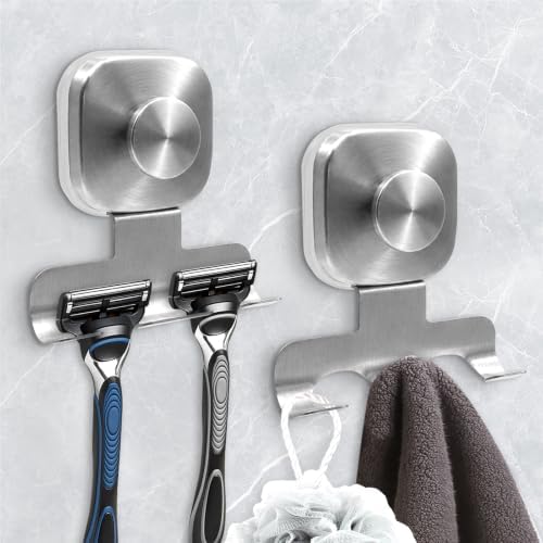 Square Suction Cup Razor Holder for Shower,Heavy-Duty 7KG Suction Hooks for Razor,Towel,Loofah,Removable Damage-Free Metal Shower Hook,Shaver Holder,2 Pack(Brushed Silver) by WingWider