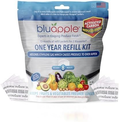 Bluapple Produce Saver Ethylene Gas Absorber with Activated Carbon, 1 Year Supply, Keeps Fresh Fruits & Vegetables Longer - Produce Saver for Kitchen - 8-Packets, 13g Total (Active Formula + Carbon) by TheBluappleCompany