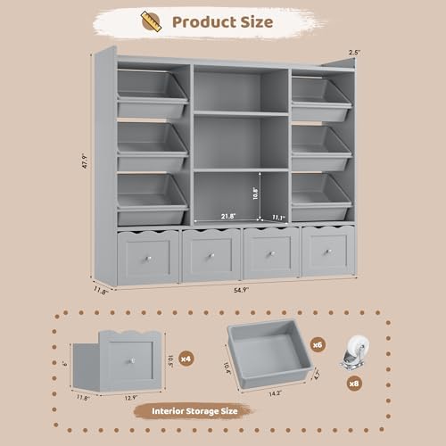 HITHOS 55" W Kids Toy Storage Organizer with 10 Toy Box & Book Shelf, Gray - Image 2