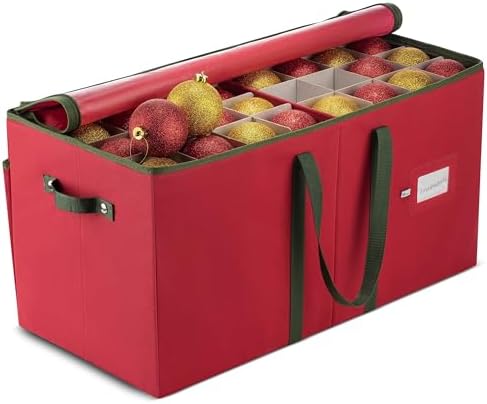 Christmas Ornament Storage Box 128 Capacity - Durable Tear-Proof Fabric Organizer with Adjustable Dividers & Dual Zipper for 3 Inch Christmas Ornament Storage, Red Large Ornament Storage Box by Poxel