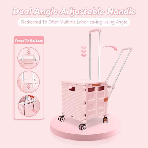 Foldable Utility Cart Rolling Crate Handcart Shopping Cart with Rotate Wheels Extended Magnetic Lid Telescoping Handle Adjustable Angle for Transports Groceries Office Teacher File(Pink) - Image 3