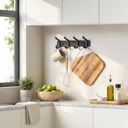 Heavy Duty Coat Rack Wall Mounted, Metal Wall Hook Rack with 4 Double Hooks for Coats, Hats, Jackets, Robes, Towels, Keys, Backpacks and Purses, Entryway, Closet, Mudroom, Bathroom (Black, 1 Pack) - Image 2