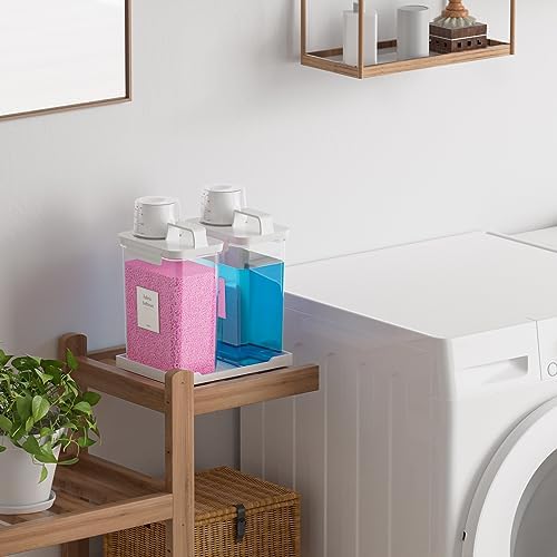 61OZ Laundry Detergent Dispenser Container, 2 Pack Liquid Laundry Dispenser, Plastic Detergent Dispensers for Laundry Powder/Fabric Softener with Tray 6 Labels, Clear - Image 2